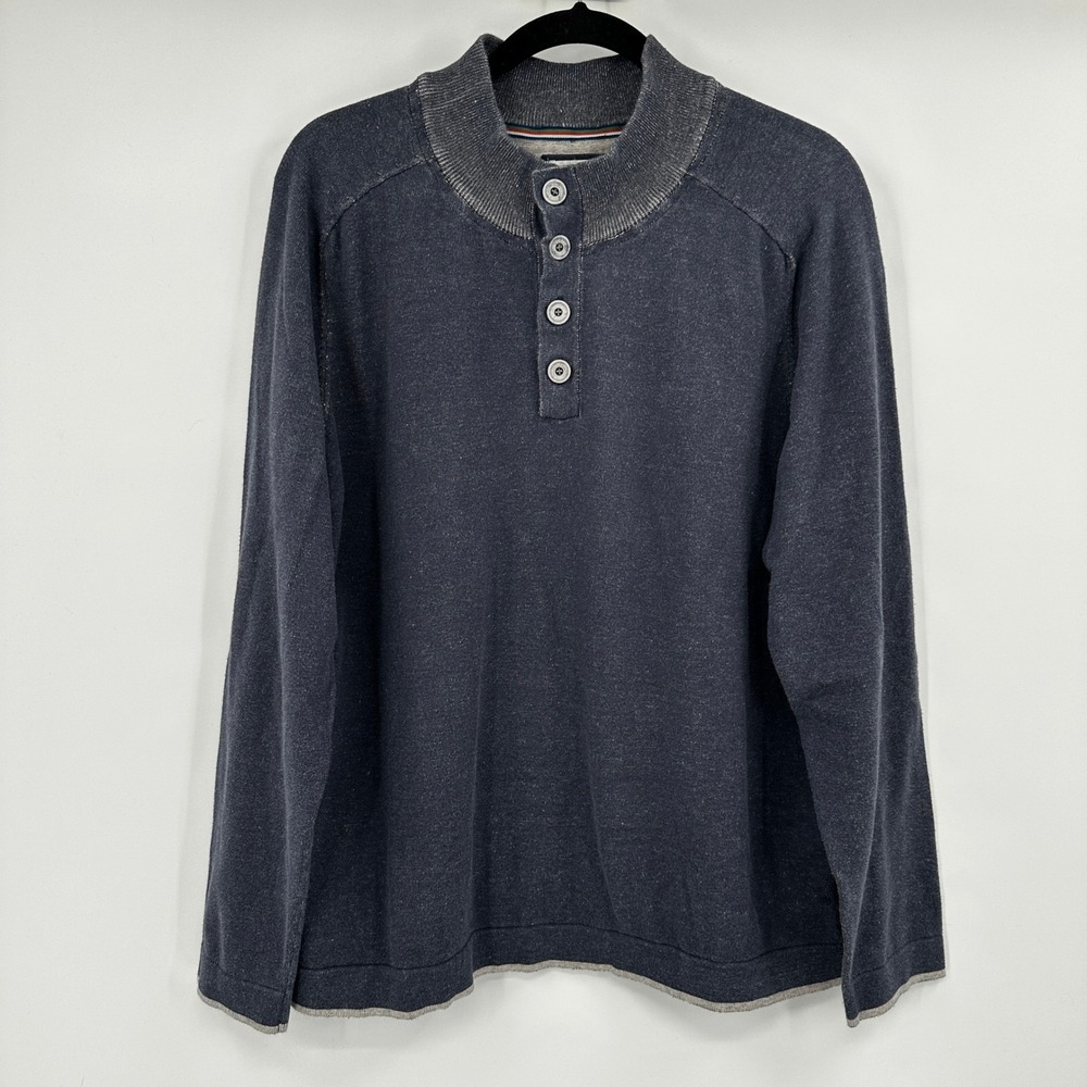 Carbon 2 Cobalt Mens Navy Blue Cotton Henley Mock Neck Sweater Large Coastal